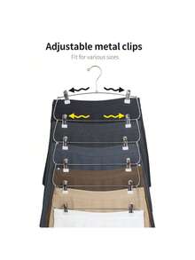 3/6 Tier Multi-Layer Metal Clothes Rack With Clips - Bedroom Foldable Storage Organizer, Space-Saving Design; Home Essential, Closet Storage Metal Hooks - Silver - View 5