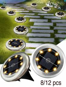 4/8/12 piezas Luces solares empotradas, lámparas solares de exterior de acero inoxidable IP65 a prueba de agua, mini luces de camino de paisaje con encendido/apagado automático, luces decorativas de piso y escalera para jardín, patio, villa, terraza, decoración de Navidad y Halloween - Multicolor - Ver 2