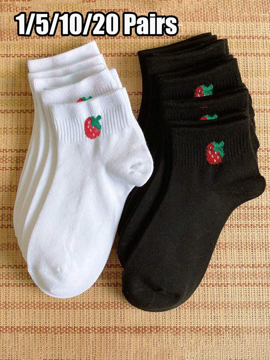 1/5/10/20雙 女款/情侶款可愛草莓個性化百搭短襪、隱形襪,適合日常、假日、戶外穿著 - 黑與白 - 查看 1
