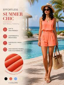 Women Summer Casual 2 Piece Outfits V Neck Tank Top And High Waisted Pleated Shorts Matching Sets Vacation Clothes - 橘色 - 查看 7