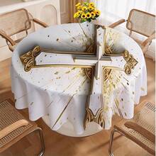 1pc European Style Gold & White Cross Pattern Tablecloth, Vintage Carved Design, Waterproof & Stain-Resistant Polyester Material, Washable & Reusable, Suitable For Church, Religious Party And Home Decor - Multicolor - View 10