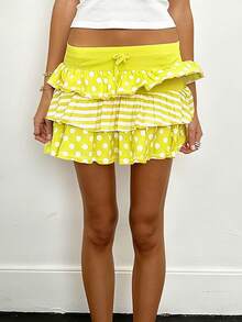Women's Summer Mini Skirts Pink Dot Print Tiered Skirt For Daily, Travel, Parties - Yellow - View 2