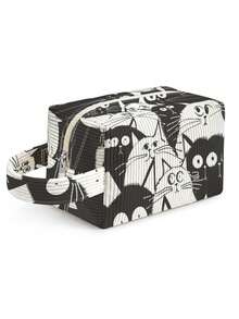 1 pieza Bolsa de pana con estampado de gato con asa, bolsa de maquillaje y artículos de tocador, cierre con cremallera. Plegable, duradera, multiusos para viajes, uso diario y estudiantes - Multicolor - Ver 7