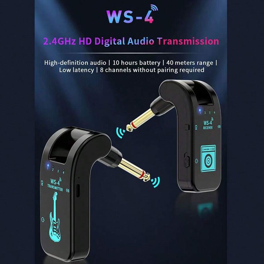 Sistema de guitarra inalámbrico de 400mAh, 2.4GHz, transmisión digital de 48K/16bit (latencia de 12ms, alcance de 131 pies) – Transmisor y receptor recargables, con enchufe giratorio de 282°, - Unitalla - Ver 1
