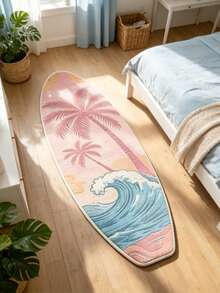 1 pieza Alfombra de piso asimétrica con forma de tabla de surf de árbol de coco rosa, alfombra decorativa, decoración de dormitorio, alfombra pequeña, alfombra, decoración del hogar, alfombra de sala de estar, alfombra pequeña de sala de estar, alfombra de dormitorio, decoración del hogar de sala de estar, alfombra de exterior, alfombra lavable - Multicolor E - Ver 2
