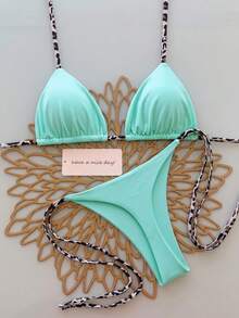 2pcs Baju Renang Bikini Seksi Model Halter Motif Leopard untuk Wanita, Cocok untuk Liburan Musim Semi & Musim Panas di Pantai - Aprikot - View 1