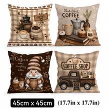 4 piezas Fundas de cojín/almohada con estampado de cuadros de café vintage impreso en un solo lado, fundas de cojín decorativas para crear ambiente en múltiples escenas, adecuadas para sala de estar, sofá, dormitorio, sin rellenos de cojín, 40x40cm/45x45cm/50x50cm - Multicolor - Ver 13