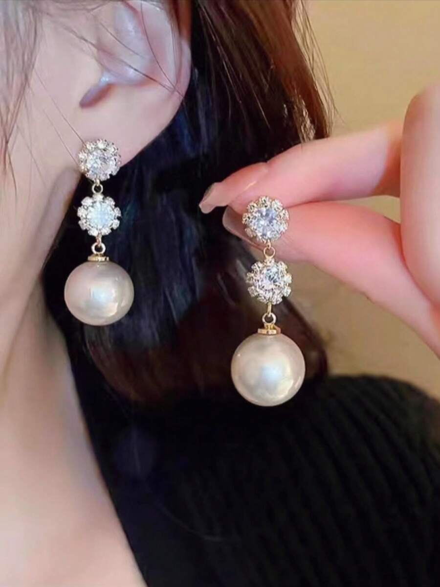 1對花朵仿珍珠耳環,高端個性氣質款,適合女性日常通勤佩戴 - 香檳色 - 查看 1