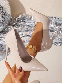 Vintage Style Party Women's Shoes, Mirror Finish Fashion Shallow Pointed Toe Stiletto High Heels, Elegant Sexy Formal Evening Dress Pumps - Apricot - View 4