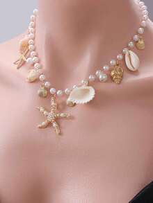 1pc Fashion ZA Pendant Necklace, Vintage Bohemian Beach Style, Starfish, Shell, Turtle And Multi-Pendant Design, Layered Collarbone Chain, Party/Holiday Gift, Versatile Accessory - Multicolor - View 4