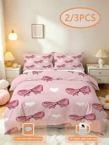 2/3pcs Pink Bow & Heart Children Bedding Set (Spring/Summer Series) Double-Sided Printed Duvet Cover Set, Suitable For Children, Teenagers, Boys And Girls All Seasons, Zipper Closure (Filling Not Included), Pillowcase Size 50x75cm, 100% Polyester - Multicolor - View 7