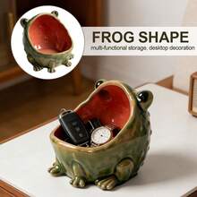 1pc Ceramic Frog Storage Tray, Key Holder, Open-Top Oval Shelf, Incense Burner, Candy Jar, Ashtray, Fish Tank Decor, Desktop Ornament, Frog Sculpture For Office, Entryway, Home, Gift, Farmhouse, Retro Green, Animal Lover, Catchall, Desk Accessory - Multicolor - View 1
