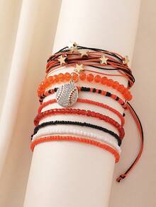 Bộ 8 vòng tay layer phong cách Bohemian thể thao đính đá rhinestone, mặt dây chuyền bóng chày, hạt cườm nhỏ, dây rút trang trí ngôi sao, phù hợp cho nữ mặc đi tiệc ngày lễ, đi biển, du lịch và đeo hàng ngày - trái cam - Xem 3