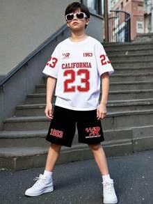 Tween Boy Cartoon Print Short Sleeve T-Shirt And Shorts Summer Outfit - White - View 1