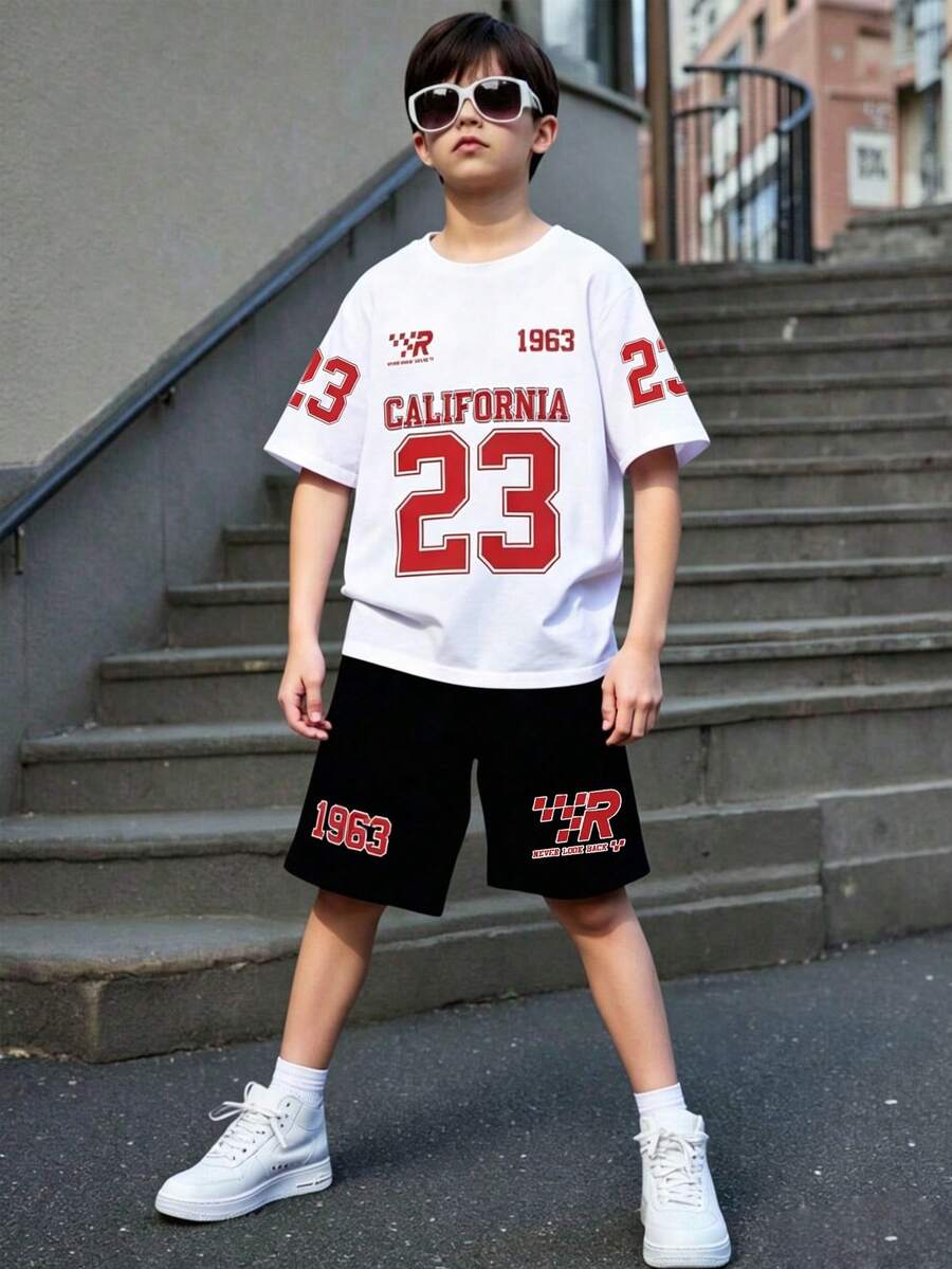 Tween Boy Cartoon Print Short Sleeve T-Shirt And Shorts Summer Outfit - White - View 1
