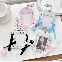 1pc Y2K Star Pattern Photocard Holder, Cute Ribbon Bow Idol Photo Card Keychain, 3 Inch Mini Card Display Case With Chain, Aesthetic Bag Charm For Fans, Back To School Stationery - Card Sleeve - View 5
