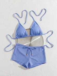 wohenmeili 女款波希米亞格紋彈性布料兩件式比基尼，掛脖綁繩三角上衣與綁繩男孩褲下著，度假海灘泳裝 - 小深藍格 - 查看 2
