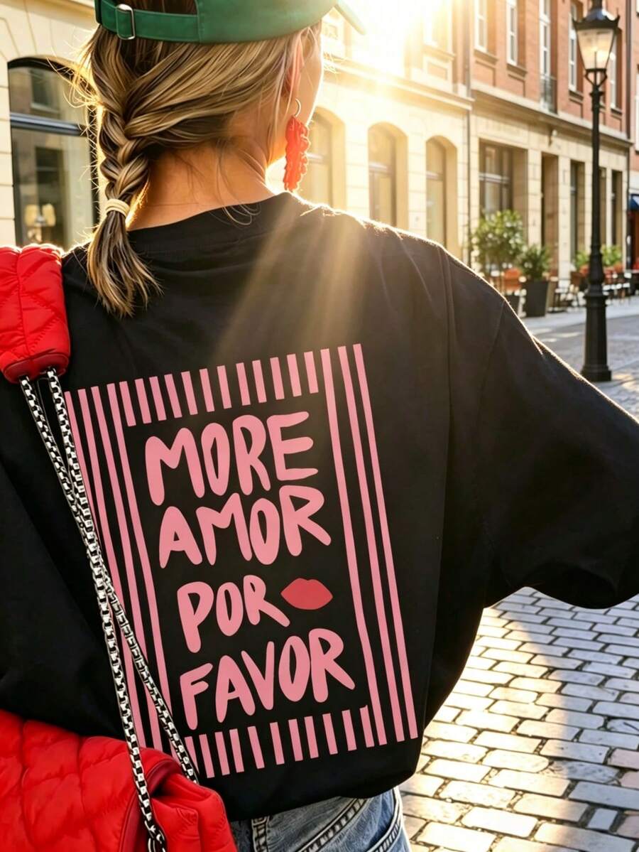 1件女款夏季寬鬆休閒圓領短袖T恤上衣，「MORE AMOR POR FAVOR」條紋印花圖案，黑色