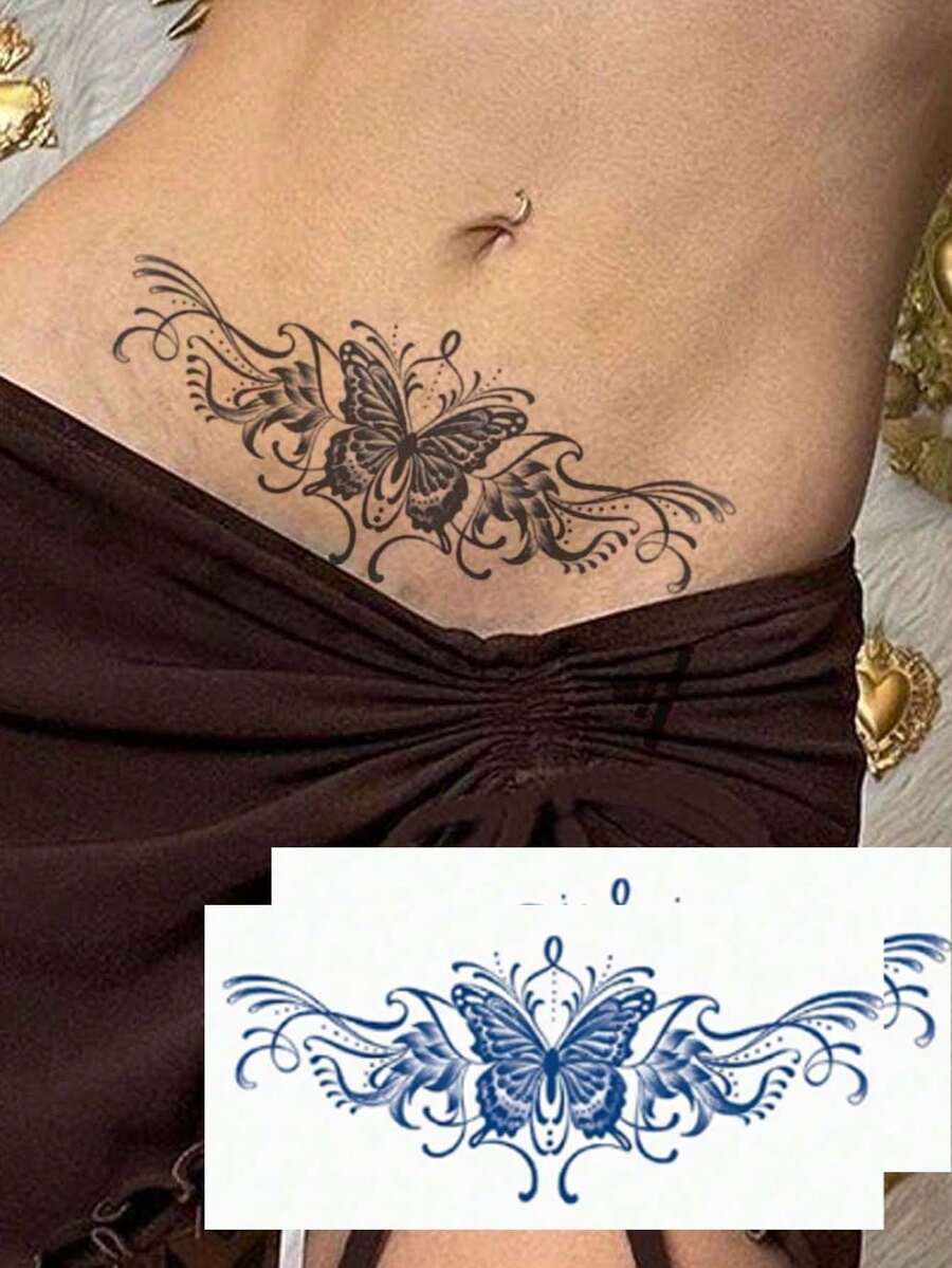 草本長效紋身貼 1 入,性感蝴蝶防水臨時紋身貼,腰部與腹部適用,逼真無反光假紋身貼,適合女性胸部、正面、背面、鎖骨、手臂,多功能中性身體藝術,防水防汗,適用胸部、腹部與背部,草本植物萃取果汁,易於貼附,皮膚上可維持 7-14 天 - 藍色 - 查看 1