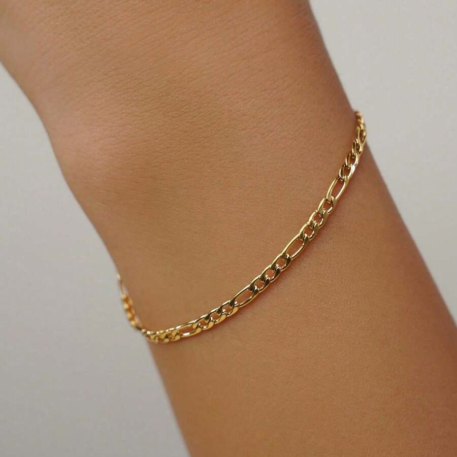1件女款18K金平面手鍊,金色鏈條飾品,防水不鏽鋼手鍊,層次鏈條手鍊,送給她的珠寶禮物 - 金色 - 查看 1