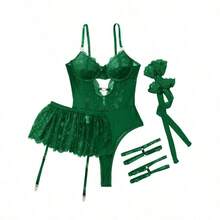 Lilosy Sexy Stocking Rhinestones Heart Garter Underwire Floral Mesh Lace Sheer Babydoll Lingerie Teddy Bodysuit Skirt Set - 墨綠色 - 查看 4