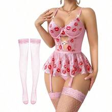 Lilosy Sexy Stocking Rhinestones Heart Garter Underwire Floral Mesh Lace Sheer Babydoll Lingerie Teddy Bodysuit Skirt Set - 唇粉 - 查看 1
