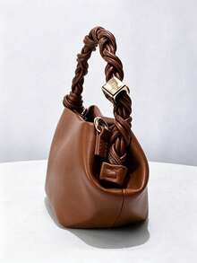 Women's Fashion Woven Knotted Soft Leather Solid Color Cloud Handbag - Brown - View 6