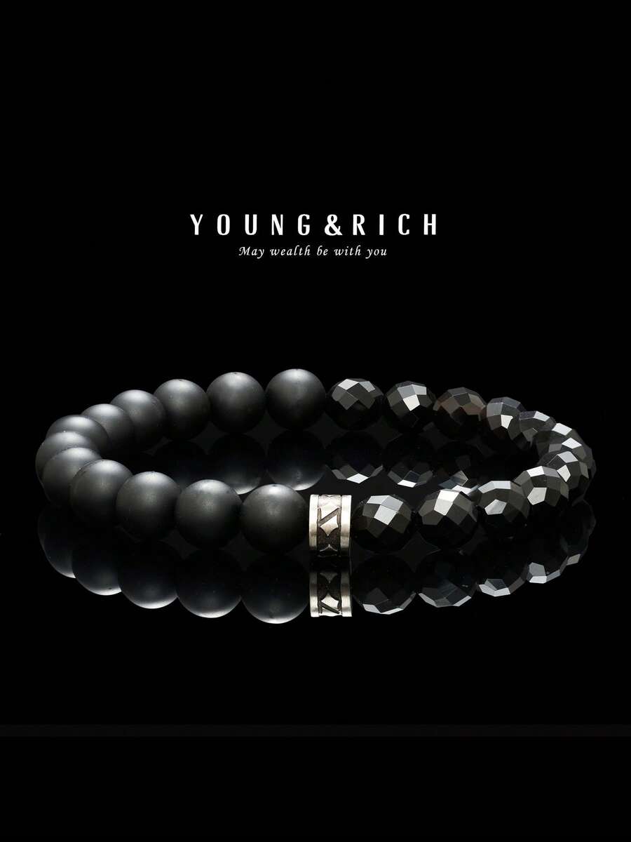 YOUNG&RICH 男士黑色啞光與刻面黑曜石串珠彈力手鍊 - 哥德式復古可疊戴珠寶禮物送給他 - 黑色 - 查看 1