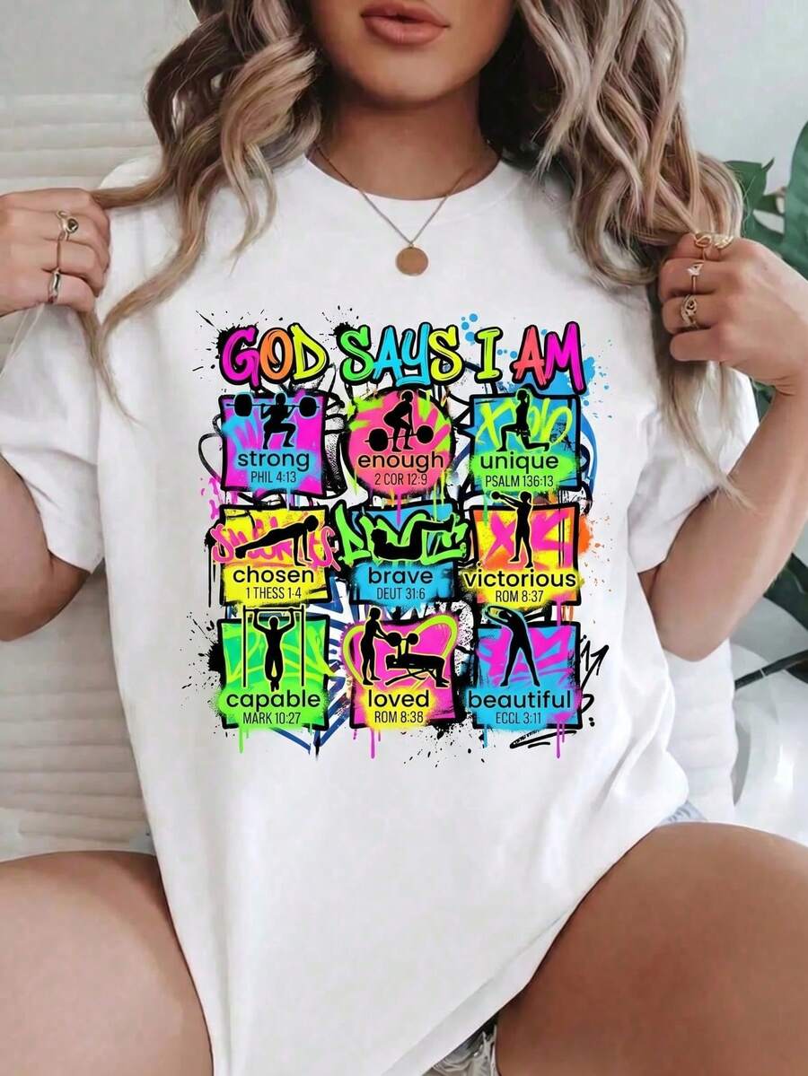 Pure Cotton Blouse, Round Neck, Short Sleeve, Summer Top With Inspirational Phrase "God Says I Am" - Lightweight, Soft, Breathable, Ideal For Workouts And Everyday Wear - Casual Style For Women - 白色 4 - 查看 1