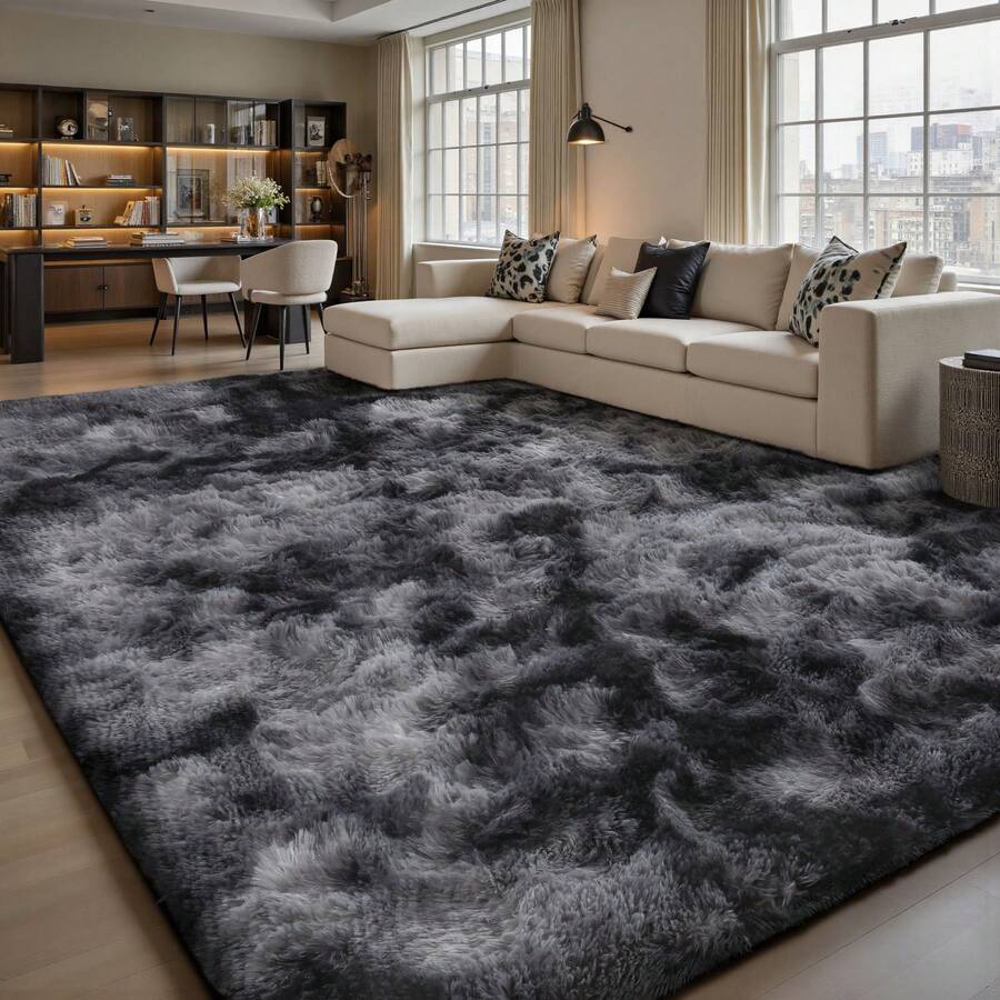 Sour Lemon Large Size Fluffy Rugs, Non-Slip Soft Shaggy Floor Carpet Mats & Rugs For Room Decor, Washable Nonslip Modern Area Rug, Modernstyle Antislip Decorative Carpets For Home Livingroom Bedroom Nursery, Big Rug, Large Rug, Home Decor - 紮染深灰色 - 查看 1
