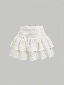 Y2K Casual Resort Mini Skirt With Double-Layered Hem And Solid-Color Ruffle Trim - Apricot 2 - View 1