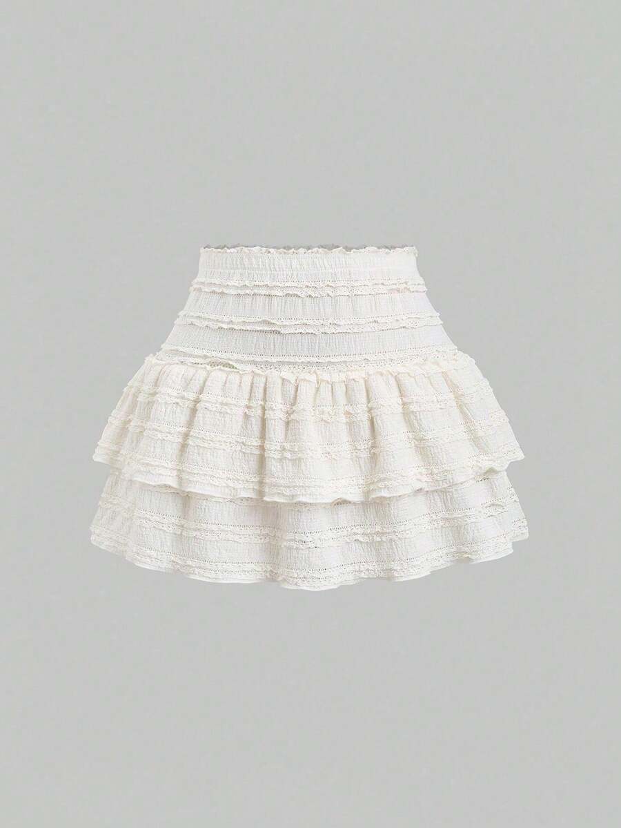 Y2K Casual Resort Mini Skirt With Double-Layered Hem And Solid-Color Ruffle Trim - Apricot 2 - View 1
