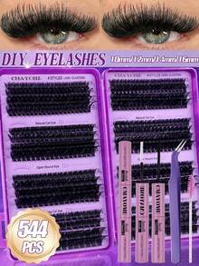 544/640/180 Clusters D Curl Reusable False Eyelash Book, Classic Eyelash Set With Glue, Brush, Tweezers, Suitable For Beginners, Soft Natural Segmented Eyelashes, Fluffy Mixed DIY Eyelashes, Easy For Daily Makeup Use, Gift For Her - Purple - View 6