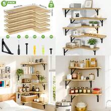 Set de 5 Repisas flotantes Estantes flotantes de esquina con soportes metálicos triangulares Soporta 16 kg c/u Resistente a humedad y arañazos ideal para cocina cuarto sala café 40x29x14 cm - Marrn claro - Ver 1