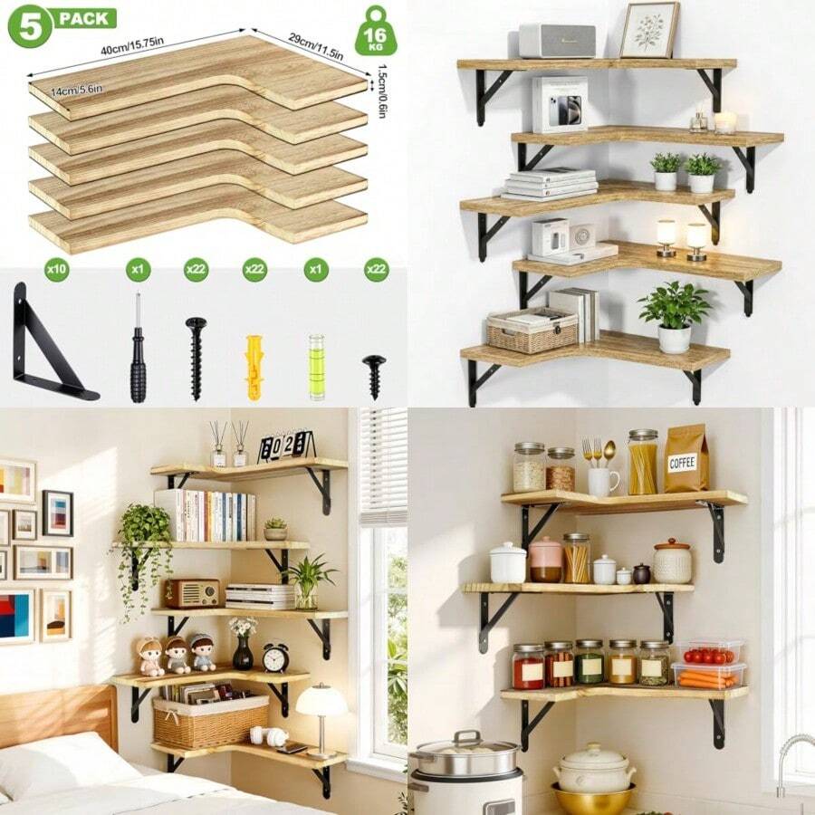 Set de 5 Repisas flotantes Estantes flotantes de esquina con soportes metálicos triangulares Soporta 16 kg c/u Resistente a humedad y arañazos ideal para cocina cuarto sala café 40x29x14 cm - Marrn claro - Ver 1