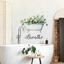 1/4pcs Watercolor Green Plants Bathroom Quote Wall Decals, Removable Self-Adhesive Waterproof PVC Stickers, Suitable For Bathrooms, Showers, Apartments, And Home Decor - Wall Stickers - View 3