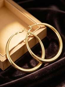A Pair Of European And American Style Earrings, Metal Hoop Personalized Round Design Earrings - Gold - View 1