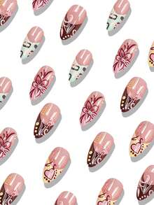 24 piezas de uñas postizas de almendra para pegar, uñas postizas coloridas con corazones y flores, uñas de verano para mujeres - Multicolor - Ver 2