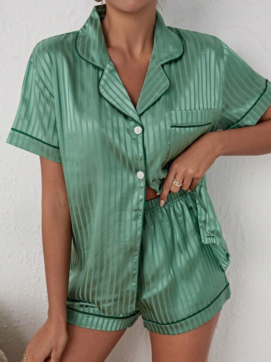 Satin Pajama Set With Contrasting Striped Jacquard Trim - Apricot - View 1