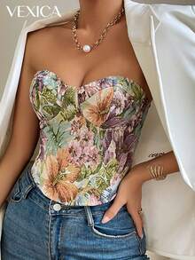 Vexica Top Bandeau Sexy Vintage Floral Jacquard pour Femmes, Corset Style Victorien Français, Lacets Ajustables, Convient pour les Fêtes et les Rendez-vous - Multicolore - Voir 6