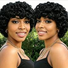 10-Inch Loose Curly Wave Pixie Cut Wig Made From Natural Hair, Featuring Bangs And A Breathable Rose Net Cap, Ideal For Women Wanting A Chic And Easy-To-Wear Style - Natural Black - View 5
