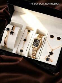 Juego de 7 piezas de reloj de cuarzo elegante y de lujo para mujer, que incluye reloj de cuarzo pequeño para mujer con esfera blanca de números romanos y correa de acero, pulsera de pétalos, pulsera, pendientes de botón y otros accesorios - Dorado - Ver 6