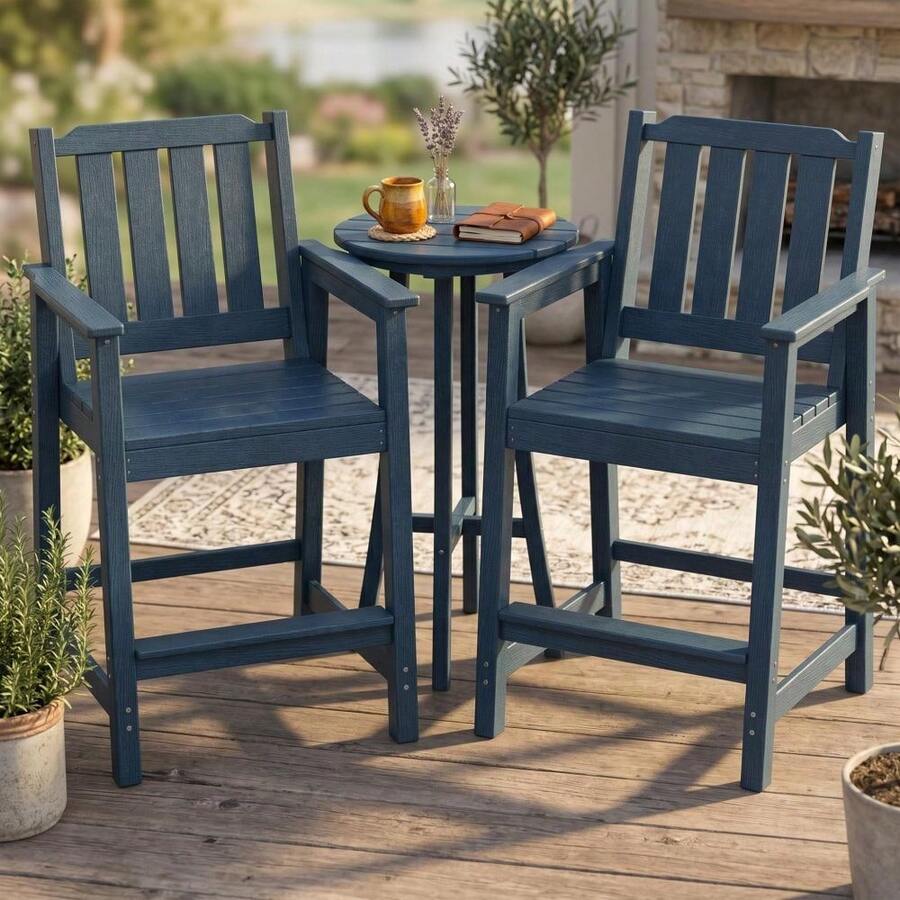 All-Weather HDPE Outdoor Bar Stools Set – 2 Counter Height Patio Chairs with Backrest & Armrests, Weather Resistant, Ergonomic Design for Backyard, Balcony, Deck, or Garden - Blau - Übersicht 1