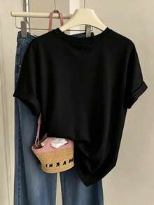 Women's Casual Black Bulldog Print Short-Sleeve T-Shirt, Round Neck, Drop Shoulder Top, Relaxed Fit, Knit Fabric, Streetwear Style - Black - View 7