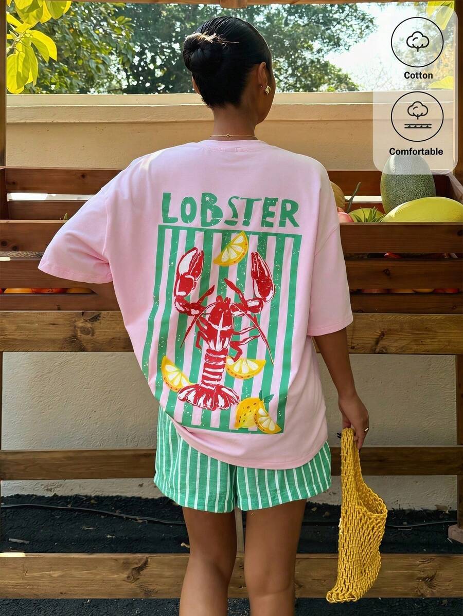 Women's Oversized T-Shirt With Pink And Red Striped Slogan Print, Casual Summer Holiday Style, Loose Fit, Round Neck, Short Sleeve, Comfortable - 淺粉色 - 查看 1