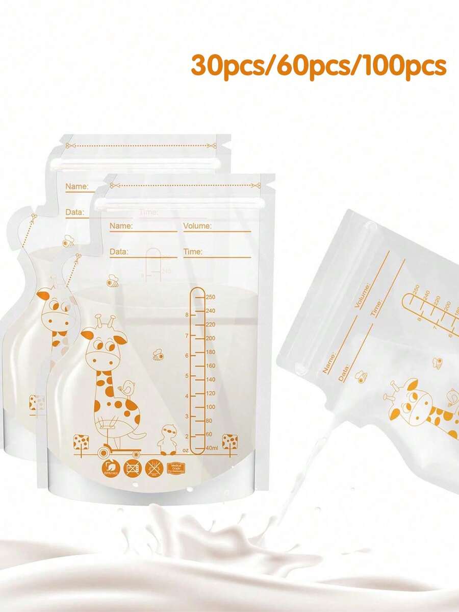 100pcs - 250ml Breast Milk Storage Bags, Spout Style, Double Zipper Sealed Breast Milk Preservation Bags - Clear - View 1