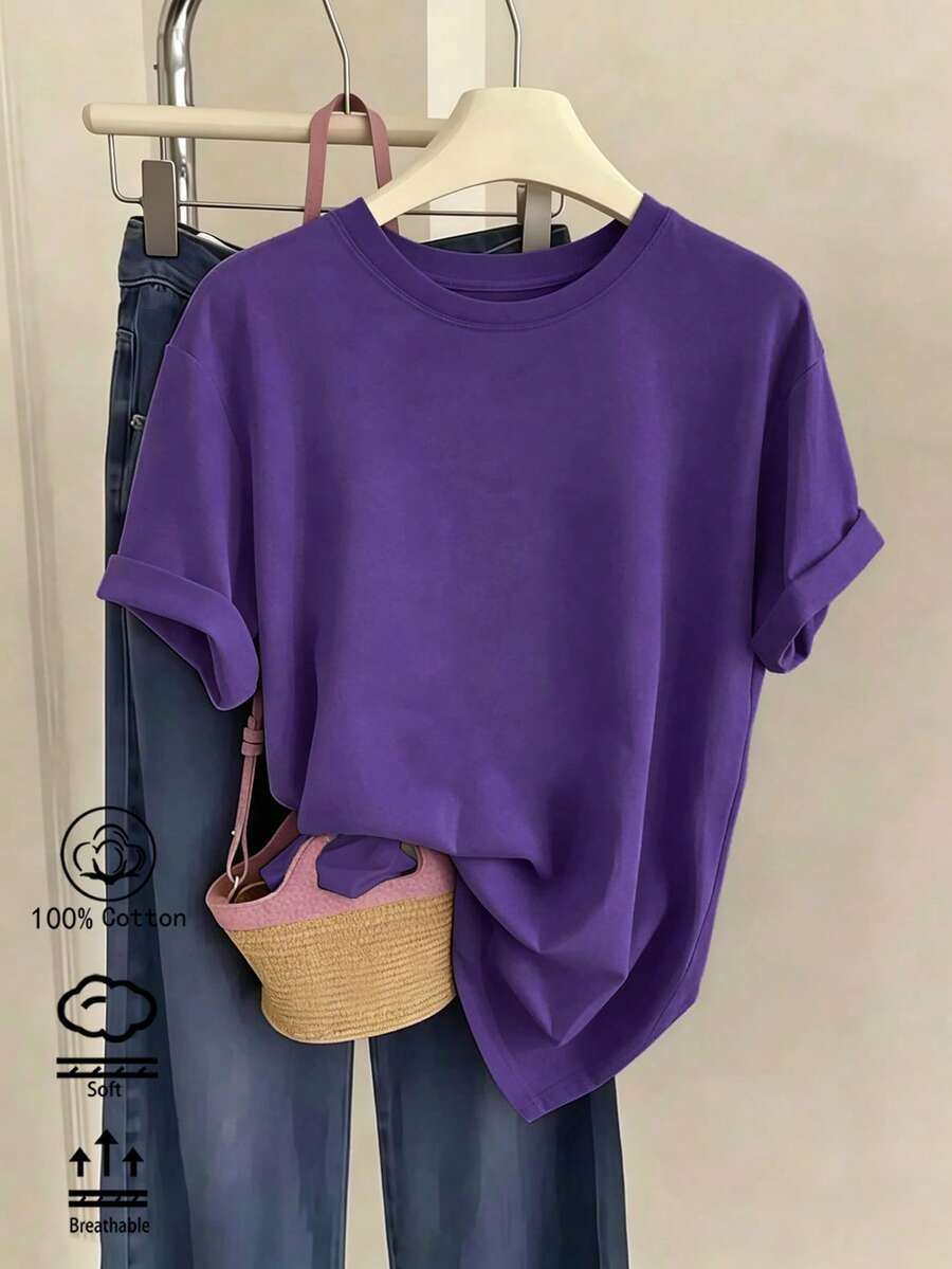 100% 棉 男女同款紫色T卹,plus size,春夏 四季 新款 運動上衣,休閒 時尚 柔軟 透氣 中性短袖上衣 - 紫色 - 查看 1