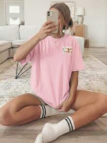 Camiseta de Mujer 180g 100% Algodón con Estampado de Doble Cara, Hoja de Palma Cruzada, Cuello Redondo, Manga Corta - Rosa - Ver 3