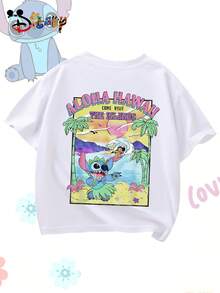 Disney Officially Licensed Lilo & Stitch Summer Casual Loose-Fitting T-Shirt, Vacation Style, Suitable For Casual Outings And Everyday Wear, Unisex. - 白色 - 查看 3