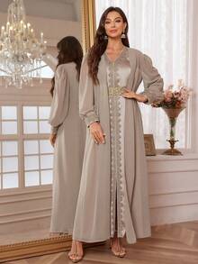 Women's V-Neck Sleeveless Lace Elegant Slit Dress, With Detachable Belt And Arabic Style Long Sleeve Outerwear 2-Piece Set Wedding Party - Champagne - View 2